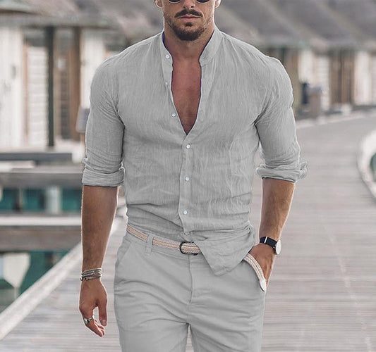Chemise à manches longues pour homme avec boutons – Haut uni décontracté pour le printemps et l’été